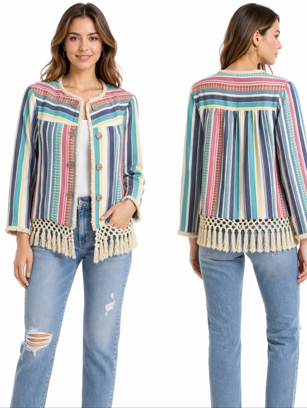 Multiples 100% Cotton Colorful Striped Open Front Macrame Fringe Jacket Blazer